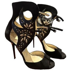 Jimmy Choo Studded Buckle Black Leather Suede Designer Stiletto Heels